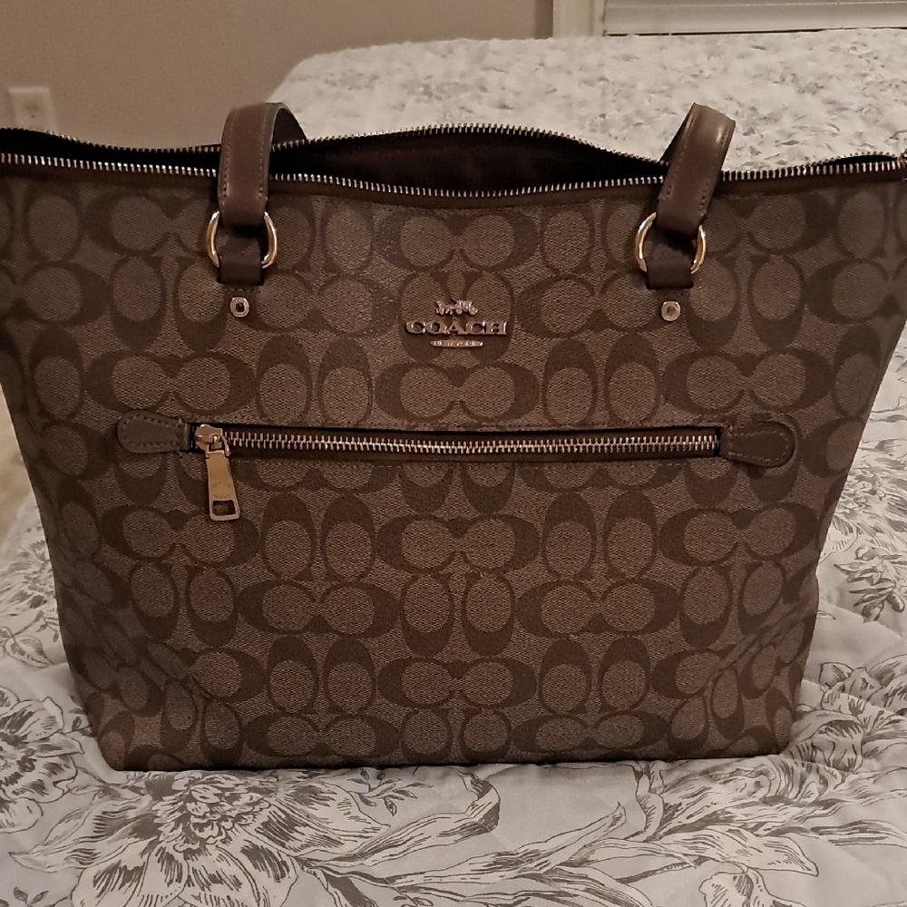 Coach Brown Monogram Tote with Leather Trim